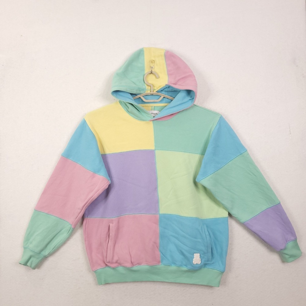 Teddy Fresh Hoodie Large Colorblock Patchwork Unisex Streetwear Pastel Grunge